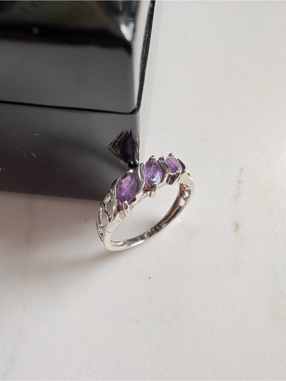 Vintage Avon 925 Sterling Triple Amethyst Marquise Ring Sz 7 NIB